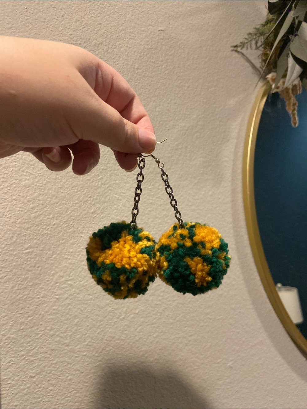 Green and Yellow Pom Pom Dangle Earrings